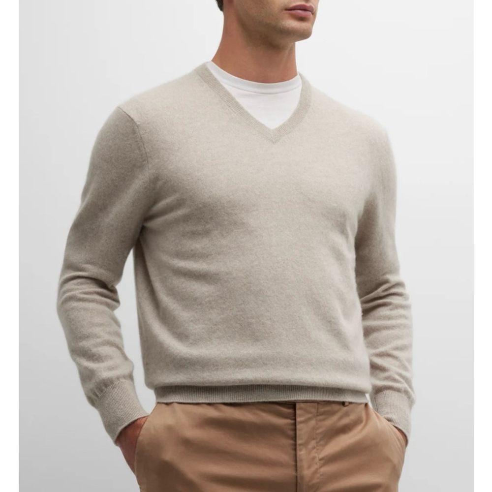 Senströms Men’s Knit sweater V neck 100% Merino Wool Elbow patch Sand Gray XXL